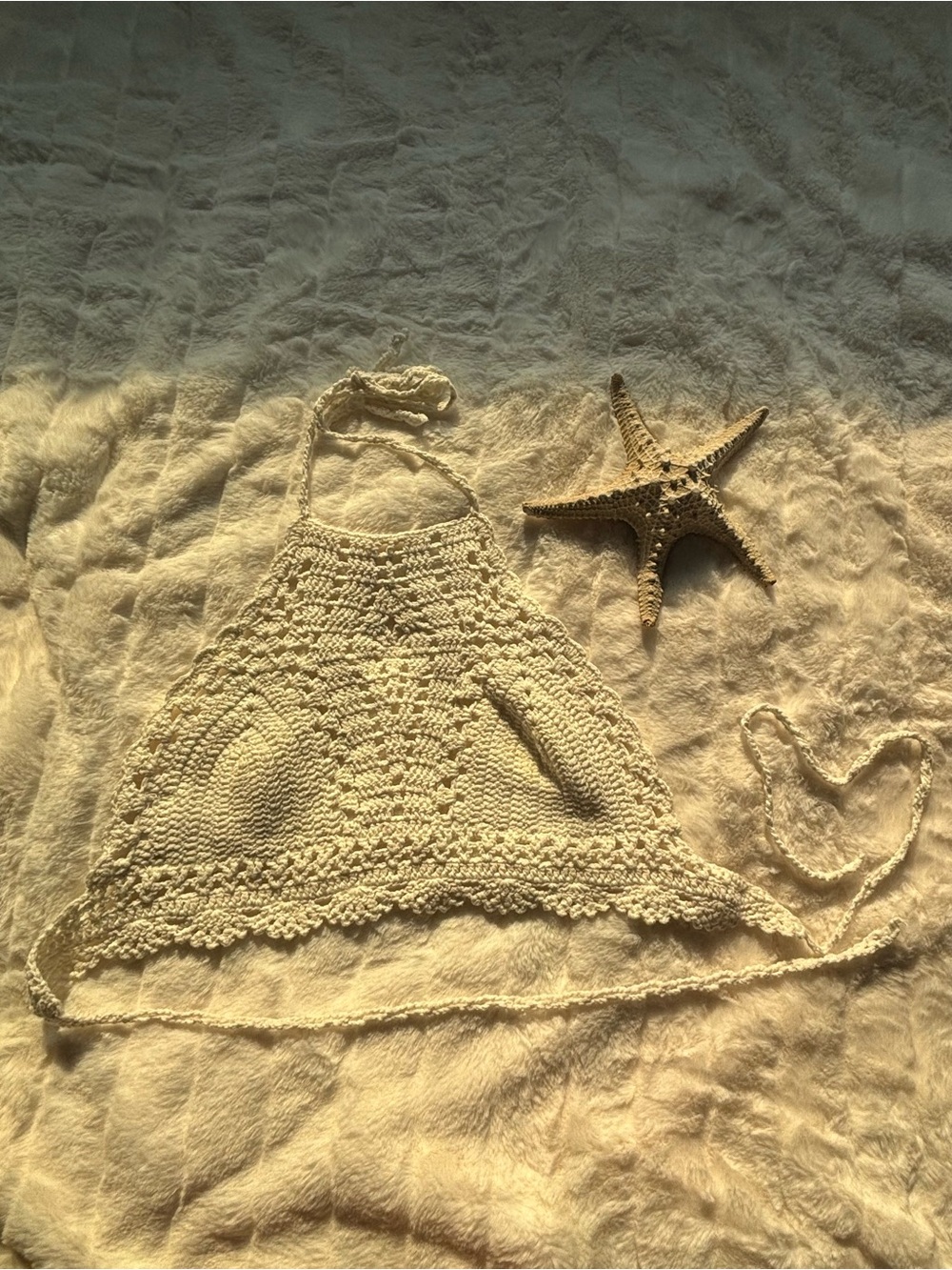 WoWo Cream Crochet Crop Top with Scalloped Edge